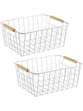 New Set of 2 White Wire Storage Baskets with Wooden Handles Pantry Organizer